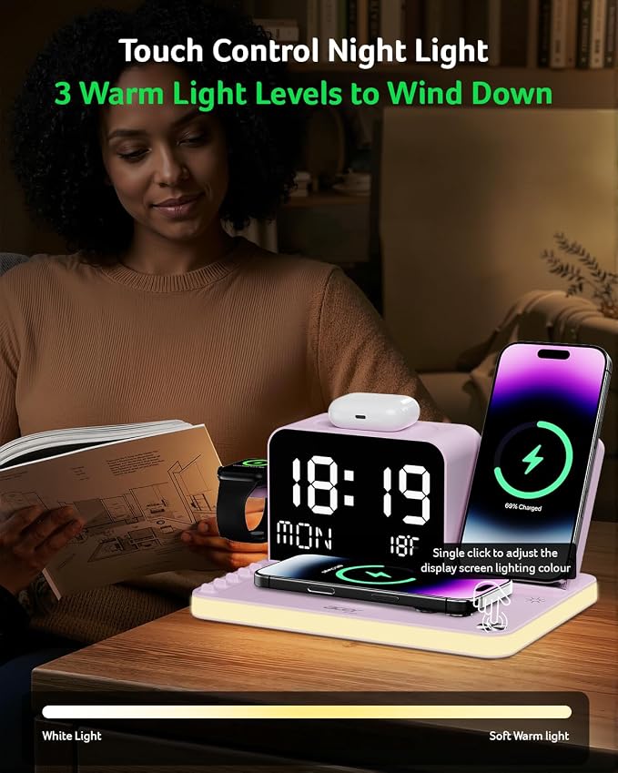 Acer 7-in-1 Wireless Charging Station with LED Clock - 30W Fast Wireless Charger for iPhone 16/15/14/13/12/Pro Max, Apple Watch, AirPods - Bluetooth Auto Time Sync & Night Lights (Purple)