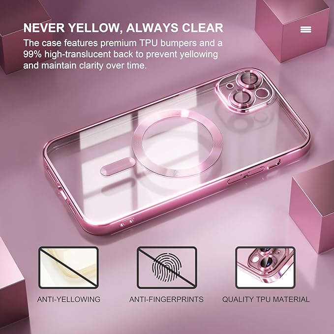 Misea Magnetic for iPhone 15 Plus Case Compatible with MagSafe [Never Yellowing] [Military Grade Drop Protection] Full Camera Lens Protector Plating Soft Clear Phone Case for Women, Pink