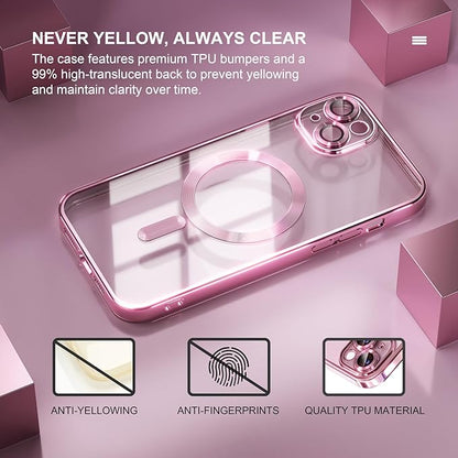 Misea Magnetic for iPhone 15 Plus Case Compatible with MagSafe [Never Yellowing] [Military Grade Drop Protection] Full Camera Lens Protector Plating Soft Clear Phone Case for Women, Pink