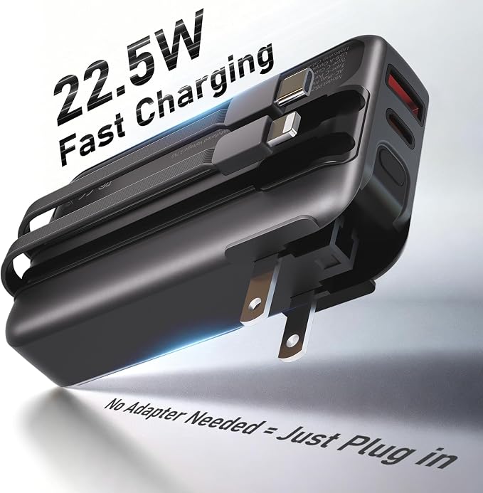 Portable Charger with Wall Plug, 20000mAh Power Bank 22.5W Fast Charging, Built-in Lightning & USB-C Cables, Plug in Portable Charger for Android Samsung iPhone, 4-in-1 Travel Charger