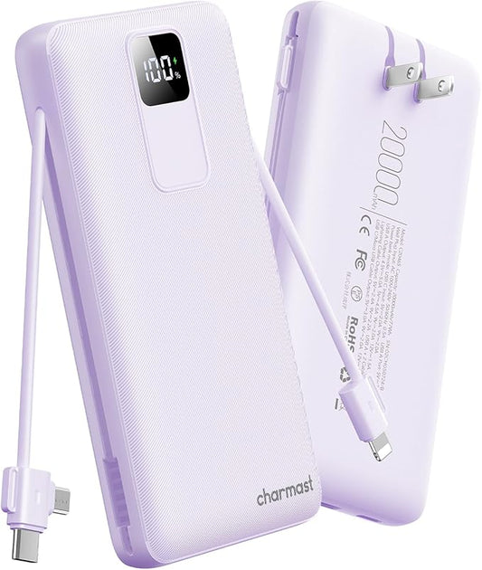 charmast 20000mAh Portable Charger with Built-in Cables & Wall Plug, 20W USB C Power Bank, Fast Charging Battery Pack Travel Essentials Compatible with iPhone 16/15/14 Series, Samsung, Google, iPad