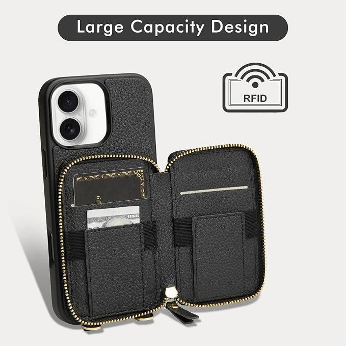 LAMEEKU Compatible with iPhone 16 Wallet Case with Card Holder, Zipper Leather Crossbody Case with Phone Grip Holder Stand Wrist Strap for Women 6.1 inch Black