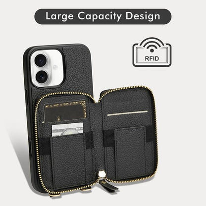LAMEEKU Compatible with iPhone 16 Wallet Case with Card Holder, Zipper Leather Crossbody Case with Phone Grip Holder Stand Wrist Strap for Women 6.1 inch Black