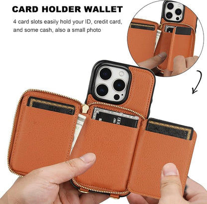 Bocasal RFID Blocking Wallet Case for iPhone 16 Pro, Adjustable Crossbody Zipper Purse Case Card Holder with Kickstand Detachable Wrist Strap, PU Leather Flip Folio Case 6.3 Inch 5G (Brown)