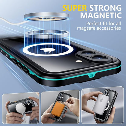 Red2Fire for iPhone 16 Case Waterproof, [Built-in Screen Protector & Camera Protector][Compatible with MagSafe][Full Body Shockproof][IP68 Waterproof][Dustproof] Phone Case 6.1" Blue/Clear