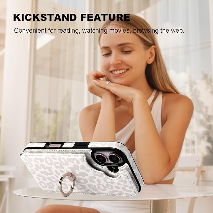 HAOPINSH for iPhone 16 Wallet Case with Card Holder, 360°Rotation Ring Kickstand, White Leopard Pattern, RFID Blocking Leather for Girls Women, Double Buttons Protective Cover 6.1"