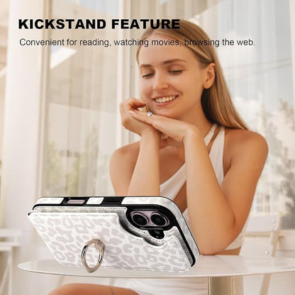 HAOPINSH for iPhone 16 Wallet Case with Card Holder, 360°Rotation Ring Kickstand, White Leopard Pattern, RFID Blocking Leather for Girls Women, Double Buttons Protective Cover 6.1"