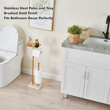 Toilet Paper Holder with Tray at The Top, Sturdy Marble Base No Wobby, Holding Extra 3 Toilet Paper Rolls As Spare Use, Freestanding No Drilling (Gold)