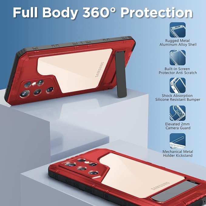 Mitywah Waterproof Case for Samsung Galaxy S25 Ultra, Heavy Duty Metal Kickstand Case, Shockproof Full Body Phone Case with Built-in Screen Protector for Samsung S25 Ultra Case Red