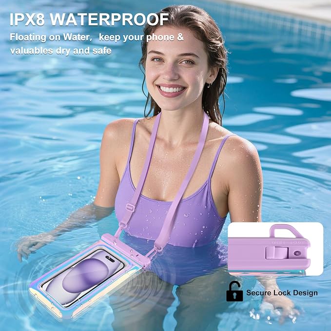 Waterproof Phone Pouch, IPX8 Floating Waterproof Phone Case Fits 7″Phones, Glitter Letter and Adjustable Neck/Crossbody Strap Design, Cruise Ship Travel Beach Essentials（ Iridescent Purple