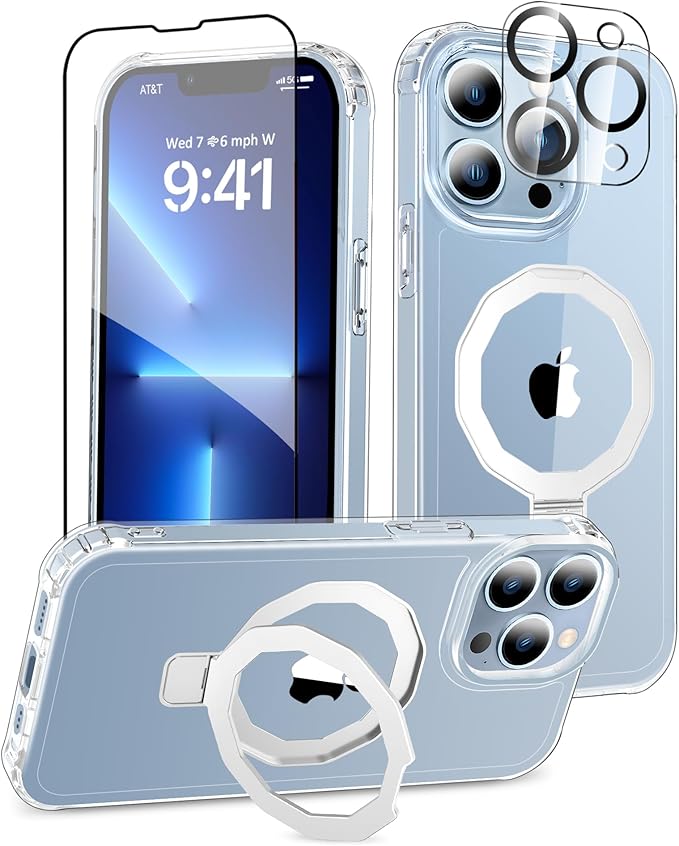 for iPhone 13 Pro Max Case, with Screen Protector + Camera Lens Protector, Built-in Seamless Stand, [Compatible with MagSafe] Protective Shockproof Phone Case, Cover iPhone 13 ProMax - Clear
