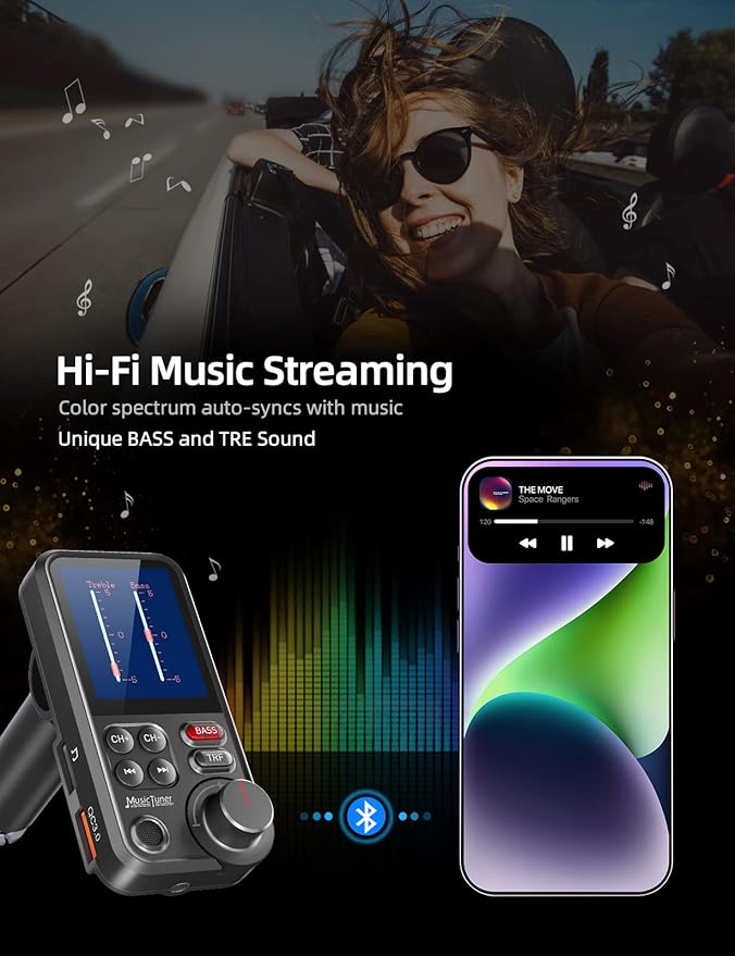 Nulaxy KM30 Bluetooth Car Adapter, FM Transmitter with 1.8" Color Screen, Hands-Free Calling Strong Mic, QC3.0 Fast Charging, Treble & Bass Sound Music Player, Wireless Radio Receiver, AUX TF USB