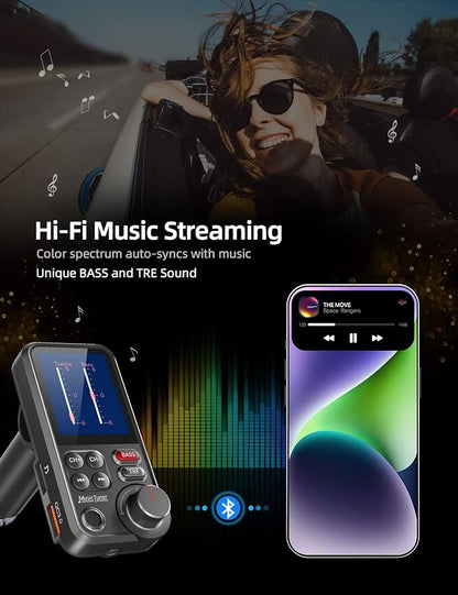 Nulaxy KM30 Bluetooth Car Adapter, FM Transmitter with 1.8" Color Screen, Hands-Free Calling Strong Mic, QC3.0 Fast Charging, Treble & Bass Sound Music Player, Wireless Radio Receiver, AUX TF USB