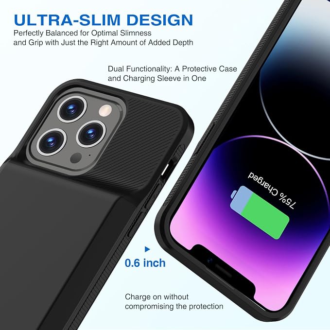ZENEE for iPhone 14/14 Pro/13/13 Pro Battery Case【2026 Upgrade】，Powerful 7000mAh Charge Cover Protective TPU with Shockproof Bumper for iPhone 13/13 pro/14 pro/14 Charging Case -6.1inch,Black