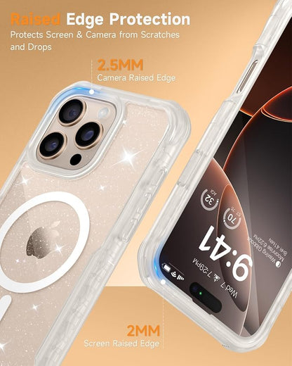 seacosmo Magnetic for iPhone 16 Pro Max Case for Women, Girly, Men, Full Body with Built-in Screen and Camera Lens Protector, Anti-Yellowing, Shockproof Cute Phone Case, 6.9", Clear Glitter