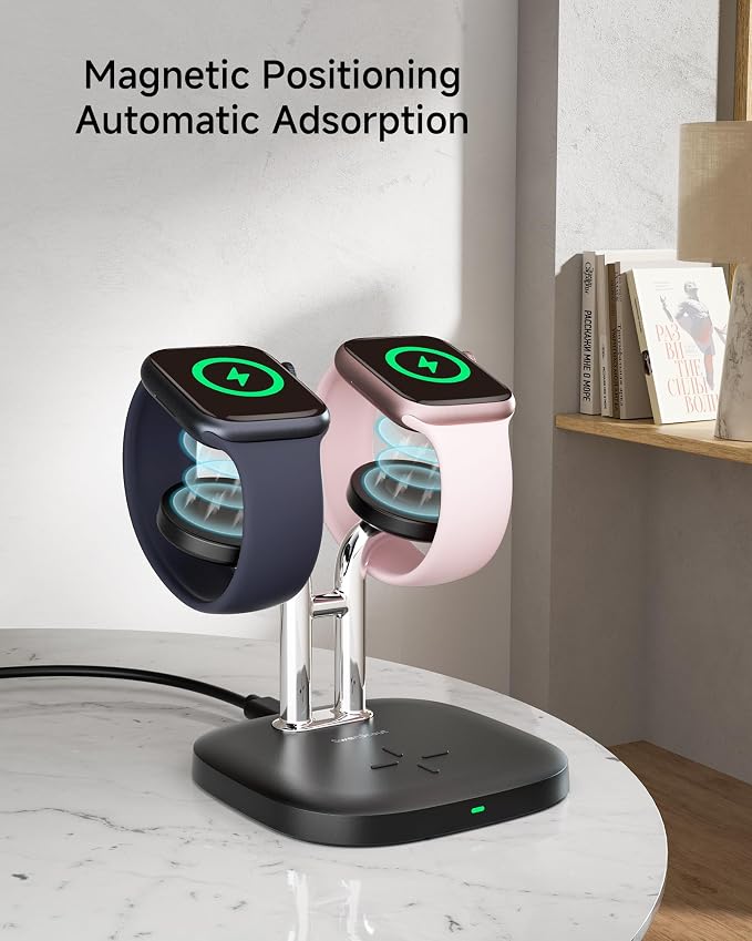 Dual Watch Charger with Fast Charging for Apple Watch, SwanScout 704A, 3-in-1 Wireless Charging Station Stand for Apple Watch Ultra 3/11/10, Wireless Charger Dock for AirPods Pro 3/4 (Black & Silver)
