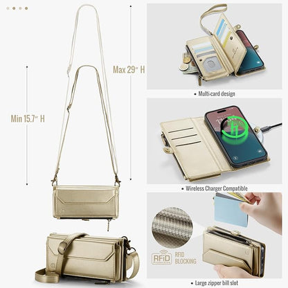 Strapurs Wallet Case Compatible with iPhone 16 Plus 6.7" RFID Blocking 10-Card Holder Soft PU Leather Magnetic Snap Shoulder Strap Zipper Pocket Phone Case Fit for iPhone 16 Plus - Gold