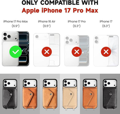 LUCKYCOIN for iPhone 17 Pro Max Crossbody Wallet Case – Genuine Leather Phone Purse with Adjustable Strap and Card Holder,Lanyard Phone Purse Case for Women,Pebble Grain Black