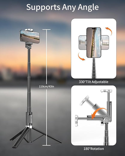 Selfie Stick Tripod for iPhone, Portable Cell Phone Tripod Stand with Wireless Remote, All in One Travel Tripods Selfie Stick, Compact Phone Stand Compatible with iPhone, Android, Samsung Series