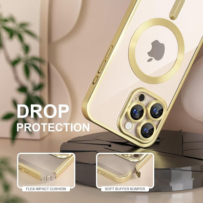 Misea Magnetic for iPhone 16 Pro Max Case Compatible with MagSafe [Never Yellowing] [Military Grade Drop Protection] Full Camera Lens Protector Plating Soft Clear Phone Case for Women, Titanium Gold