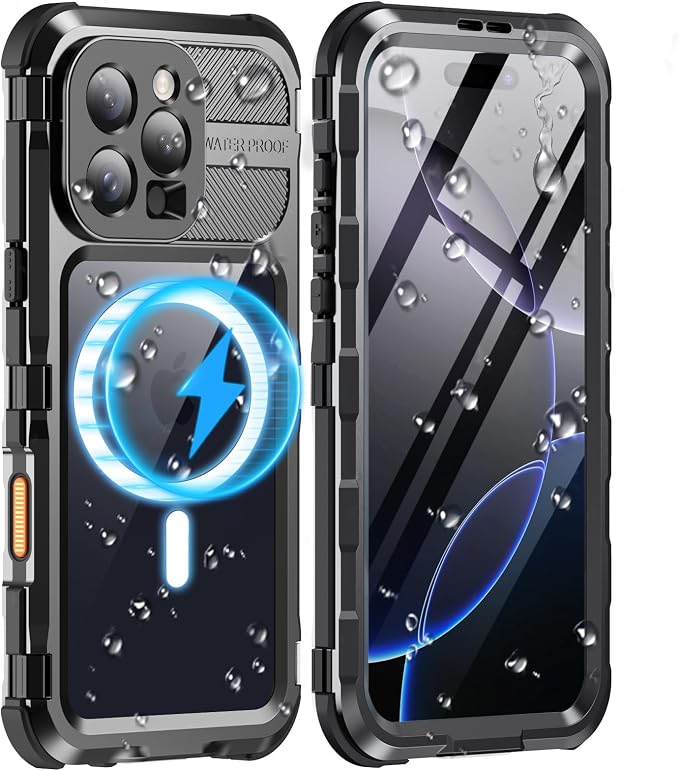 WIFORT for iPhone 16 Pro Waterproof Case - Metal Heavy Duty [Built-in Screen Protector] [14FT Military Shockproof] [Fit for MagSafe], IP68 Full Body Rugged Water Proof Magnetic Cover, 6.3" Black
