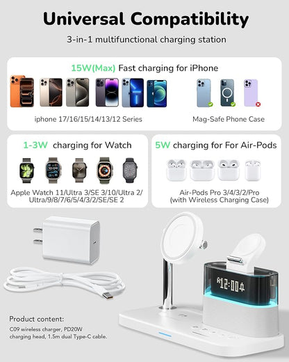 Compatible with Qi2 Certified Wireless Charging Station with Alarm Clock and Night Light,15W Fast 5 in 1 Mag-Safe Charger Stand for iPhone 16 15 14 13 12 Pro Max,Apple Watch,Air-Pods(White)