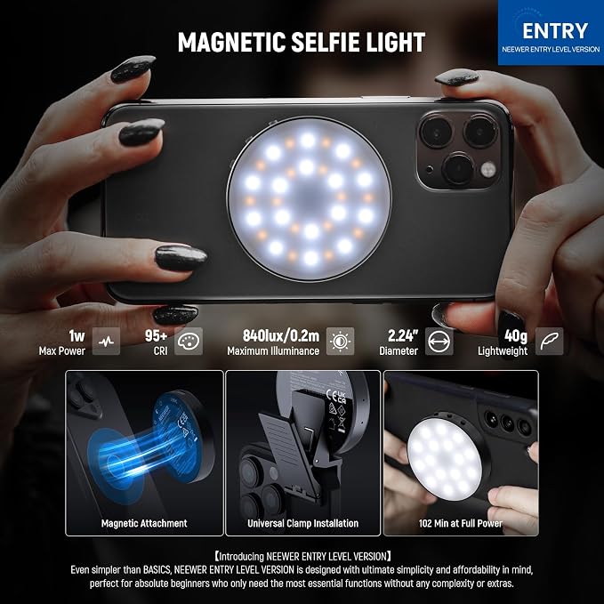 NEEWER Entry Level Version Magnetic Selfie Light Compatible with MagSafe iPhone, 1W Clip on Metal LED Phone Fill Ring Lighting for Laptop Video Conference Makeup Recording, CRI95+ 840lux/0.2m, NL32R