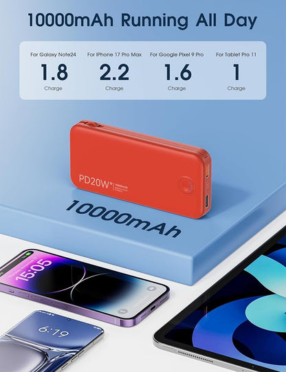 Nusyddy Portable Charger 10000mAh PD20W w/Built-in Cables & Wall Plug Red | PD20W Fast Charging, Battery Indicator, Pass Through Charging, TSA Approved, Compact/Slim, Power Bank for iPhone/iPad/Samsung