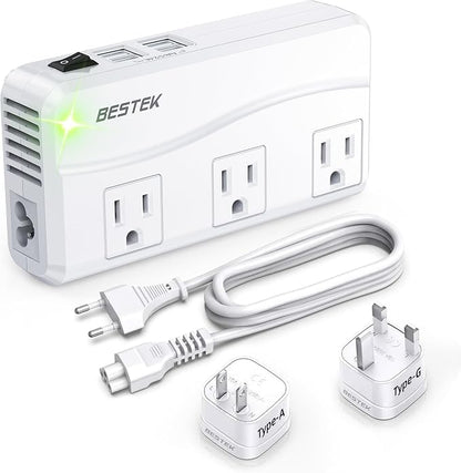 BESTEK Universal Travel Adapter 220V to 110V Voltage Converter with 0-2.4A 4 Port USB Charging and UK/AU/US/EU Worldwide Plug Adapter (White)