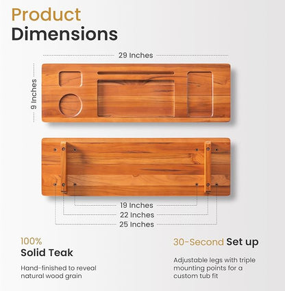 Premium Teak Bathtub Tray for Freestanding Baths - 29" Adjustable Spa Caddy | Compact, Thick & Stable Design | Anti-Tip with Accessories Holder | Natural Water-Resistant Finish