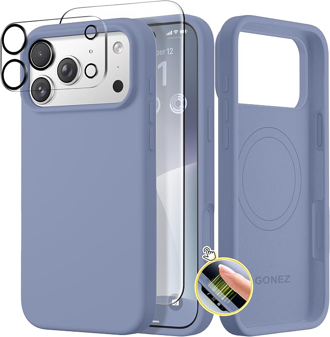 GONEZ Magnetic for iPhone 17 Pro Case, Compatible with MagSafe, [Screen Protector + Camera Lens Protector], Liquid Silicone Anti-Scratch Shockproof Protective Phone Case 6.3 inch, Lavender Gray