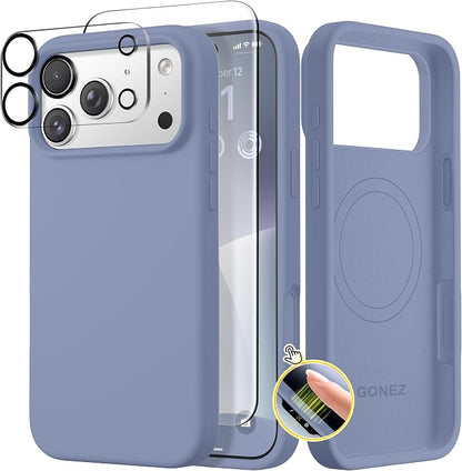 GONEZ Magnetic for iPhone 17 Pro Case, Compatible with MagSafe, [Screen Protector + Camera Lens Protector], Liquid Silicone Anti-Scratch Shockproof Protective Phone Case 6.3 inch, Lavender Gray