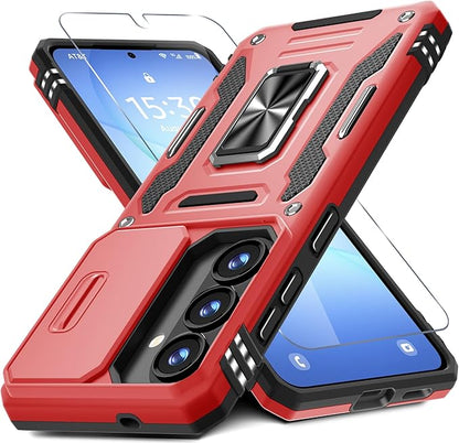DEERLAMN Case for Samsung Galaxy A37 5G with Slide Camera Cover+Screen Protector (1 Pack), Rotated Ring Kickstand Military Grade Shockproof Protective Cover-Red