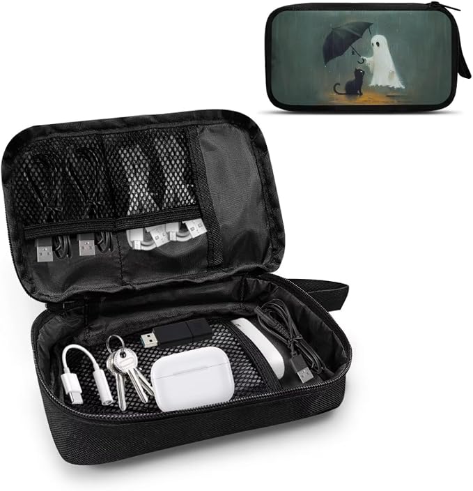 Halloween Ghost and Cat Print Electronic Organizer Travel Organizer Bag Electronics Accessories Cases Storage Bag Waterproof for Cable USB SD Card Power Bank Earphone