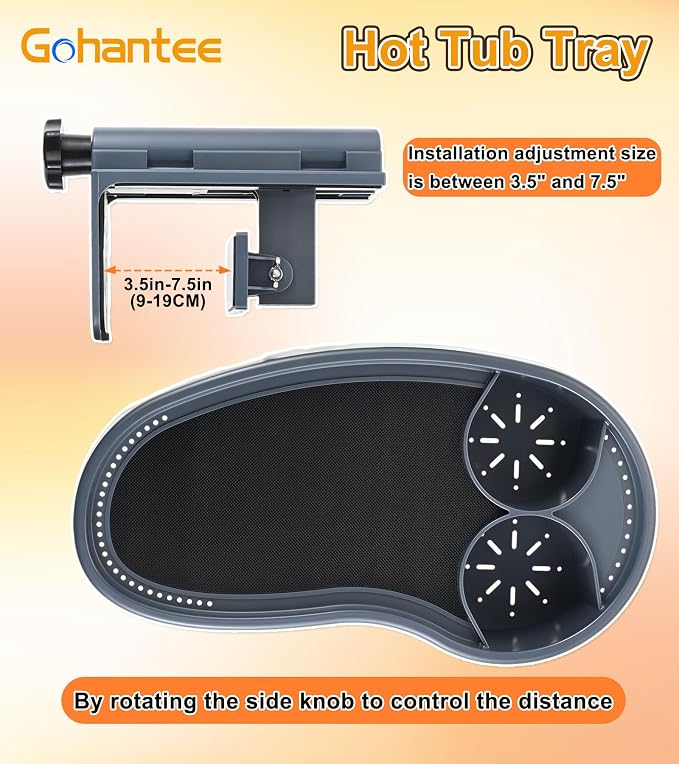 Hot Tub Tray, Adjustable Aboveground Bathtub Tray with 2 Cup Holder, Spa with Wall Thickness of 3.5'' to 7.5'', Nonslip Hot Tub Table Tray Accessories Shelf Drinks Snacks Phone Holder for Spa Bathtub