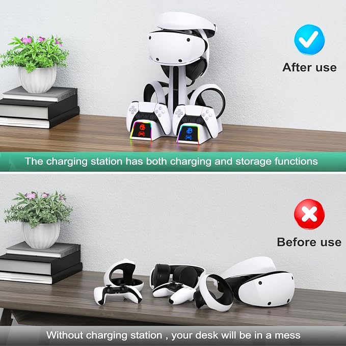 RGB Controller Charging Station for PS VR2 / PS5 / PS5 Edge with 5V/3A Adapter & 10 Led Light, Wireless Controller Charger Dock for PlayStation 5, Charging Stand with VR2 Headset Holder