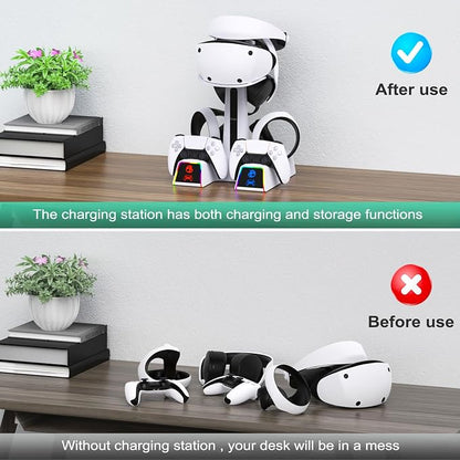 RGB Controller Charging Station for PS VR2 / PS5 / PS5 Edge with 5V/3A Adapter & 10 Led Light, Wireless Controller Charger Dock for PlayStation 5, Charging Stand with VR2 Headset Holder