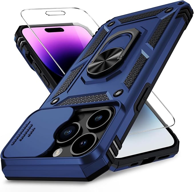 Weycolor for iPhone 14 Pro Max Case with Camera Lens Cover, HD Screen Protector, 10 FT Military Grade Drop Protection, Magnetic Ring Holder Kickstand Protective Phone Case, Navy Blue