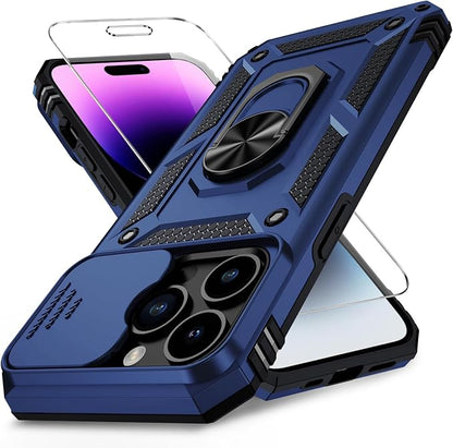 Weycolor for iPhone 14 Pro Max Case with Camera Lens Cover, HD Screen Protector, 10 FT Military Grade Drop Protection, Magnetic Ring Holder Kickstand Protective Phone Case, Navy Blue