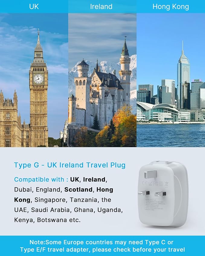 3 Pack UK Ireland Travel Plug Adapter, VINTAR International Power Adaptor with 1USB C, 2American Outlets and 3USB Ports, 6 in 1 Type G Plug Adapter