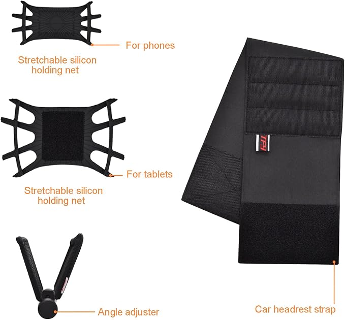 Car Headrest Mount Holder TFY Angle Adjustable Car Headrest Mount Holder with Silicon Holding Net for Phones and Tablets