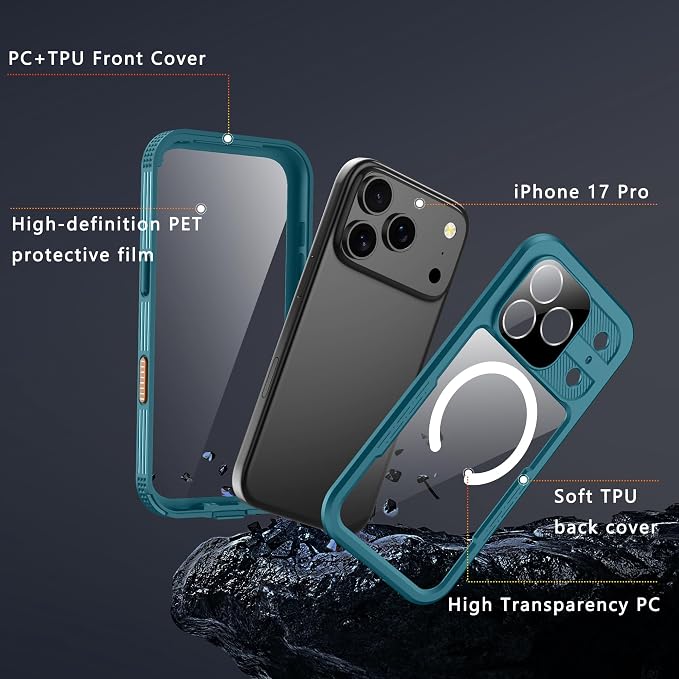 GOLDJU 2025 New Magnetic for iPhone 17 Pro Case-Waterproof, Built-in Screen & Camera Protector-IP68 Underwater Full Body 16FT Military Dropproof Shockproof Case for 17 Pro 6.3''- Blue