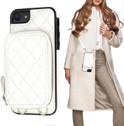 Bocasal Crossbody Wallet Case for iPhone SE 2022/SE 2020/8/7, RFID Blocking PU Leather Zipper Handbag Purse Flip Cover, Kickstand Folio Case with Card Slots Holder Wrist Strap Lanyard 4.7 Inch (White)