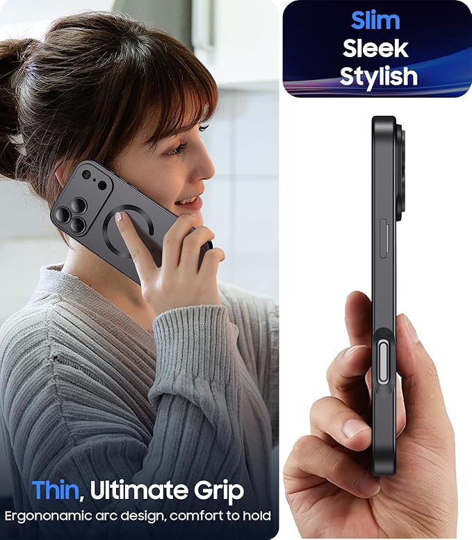 Magnetic for iPhone 17 Pro Case [Compatible with MagSafe][Built-in Camera Lens Protector] Slim Thin Soft Silicone Bumper Shockproof Metallic Luster Phone Case (Black)