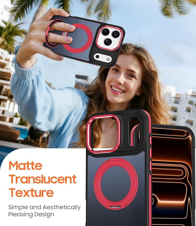 for iPhone 17 Pro Case with 360 Magnetic Ring Stand, Fit MagSafe, Military-Grade Shockproof Protection, Non-Slip Slim Translucent Protective Phone Cover, Red
