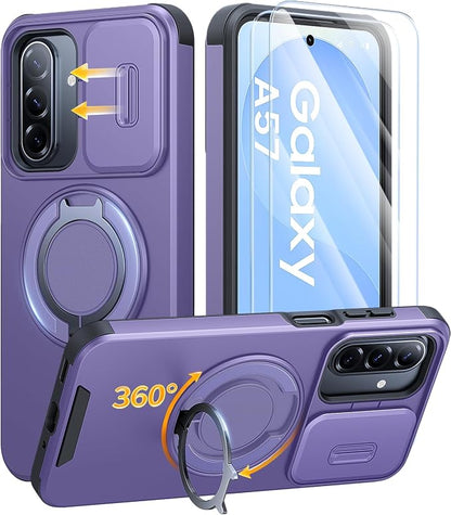 JAME for Samsung Galaxy A57 5G Case, Ring Holder Stand Kickstand, Slide Camera Cover, 2 Screen Protectors, Dual-Layer Shockproof Protective, Magnetic Accessory Friendly Galaxy A57 Phone Case, Purple