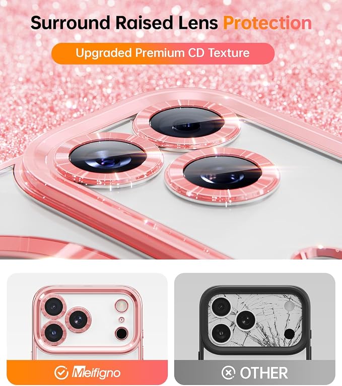 Meifigno Designed for iPhone 17 Pro Magnetic Case with Removable Phone Ring Stand, [Glitter Card & Wrist Strap] [MagSafe Compatible] [Built-in Mirror] Phone Ring Stand + Phone Case Kit, Rose Gold