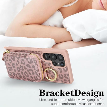 Crossbody Wallet Case for Galaxy S25 Ultra, PU Leather Zipper Handbag Purse Flip Cover, Kickstand Folio Case with Card Slots Holder Wrist Strap Lanyard -Pink Leopard