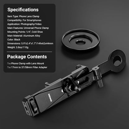 NEEWER Phone Holder with 17mm Phone Adapter & 17–37/58mm Filter Ring, Universal Adjustable Phone Tripod Mount Accessories Compatible with iPhone 17 Pro Max 16 S25 Ultra, PA047 PRO