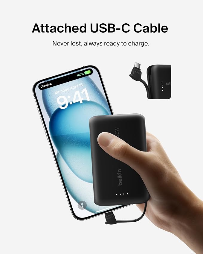 Belkin Portable Charger Power Bank USB C, 10000 mAh w/Integrated Cable, 20W Fast Charge USB-C Power Delivery, iPhone Charger, Apple iPhone 17, Air, Pro, Pro Max, iPad, Samsung Galaxy S25 - Black